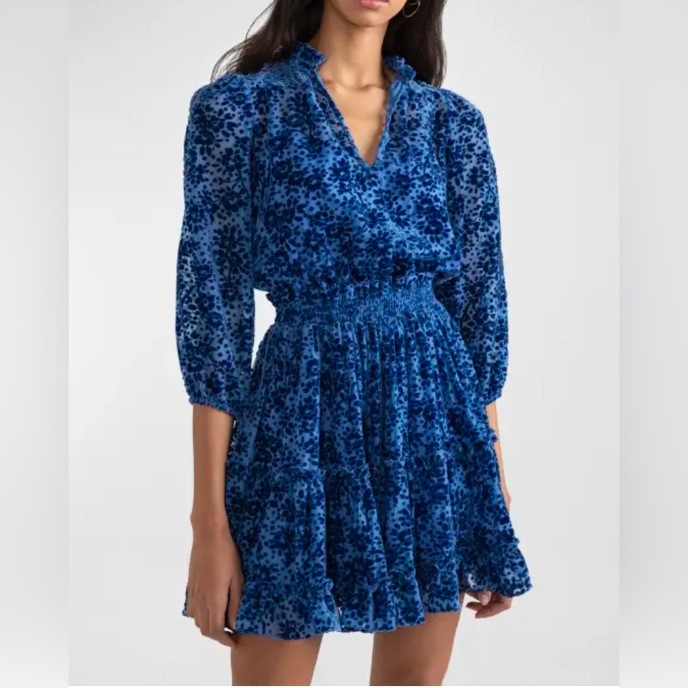 Shoshanna Sasha Tiered Velvet Floral Mini Dress in Lapis Blue Floral